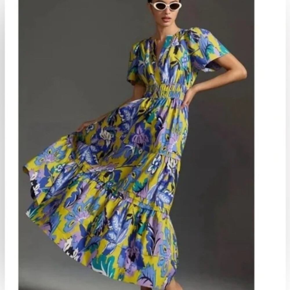 Anthropologie Somerset Maxi Green Purple Floral Cotton Maxi Dress Large
